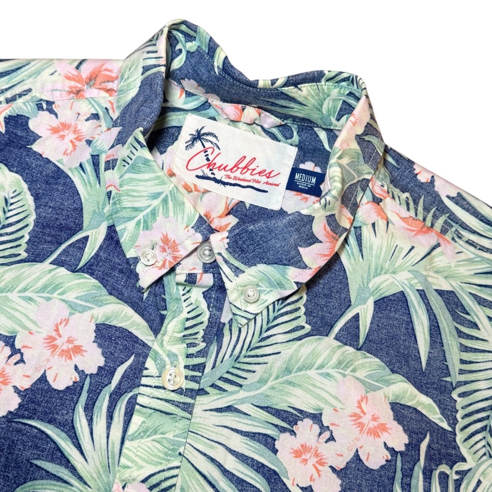 Chubbies Mens Medium Short Sleeve Button Down Reverse Shirt Blue Tropical Floral